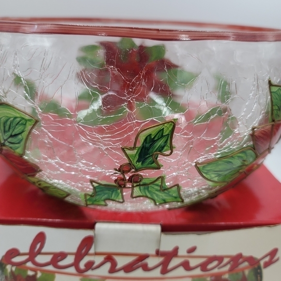 Celebration Pointsettia Mouthblown, Hand Painted, Cracked Glass 9" Salad Bowl - Picture 3 of 13